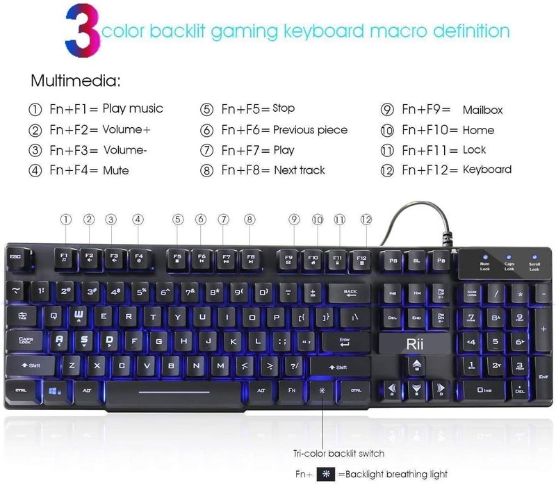 RII RK100 3 Colors LED Backlit Mechanical Feeling USB Wired Multimedia Gaming Keyboard, Office Keyboard for Working or Primer Gaming,Office Device - Image 5
